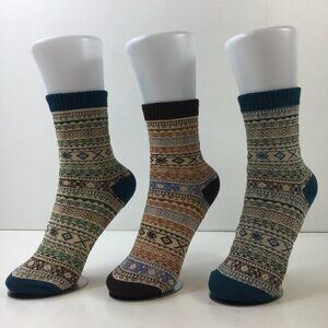 Womens Crew Socks Set 3 Fair Isle Nordic Pattern Brown Blue Orange Burgundy